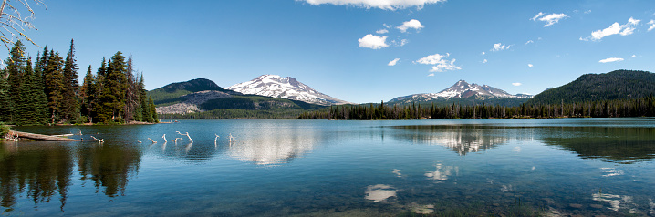 Oregon lake panorama with Mountains reflected on the clear water of the lake