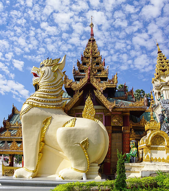 stone león en la entrada de shwedagon pagoda - burmese culture myanmar gold lion fotografías e imágenes de stock