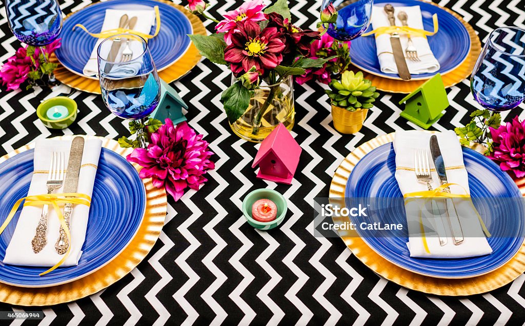 Table set for garden party or special event. Celebratory dinner. 2015 Stock Photo