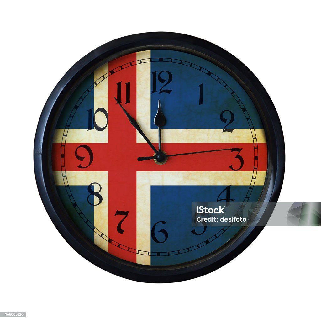 Iceland Flag Wall clock - Watch port for same series An old Iceland flag wall clock with grungy background - isolated over white. 2015 Stock Photo