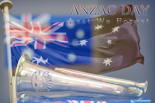 Montage of a bugle, an Australian flag and the words, 'Anzac Day - Lest We Forget'