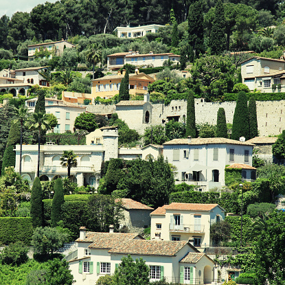 Beautiful view of hill houses in the village Saint-Paul-de-Vence , Provence, South France. Square toned image