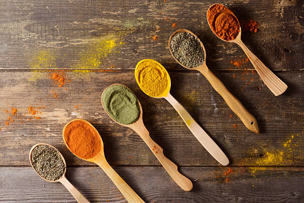 istock Different kinds of spices in wooden spoons 465069824