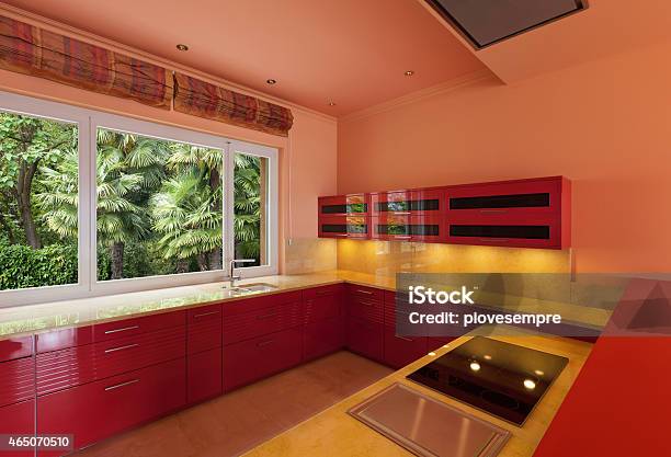 Interior Red Kitchen Stock Photo - Download Image Now - 2015, Architecture, Cabinet