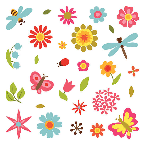 ilustrações de stock, clip art, desenhos animados e ícones de natural conjunto de lindas flores, escaravelhos e insectos - single flower bouquet flower holidays and celebrations