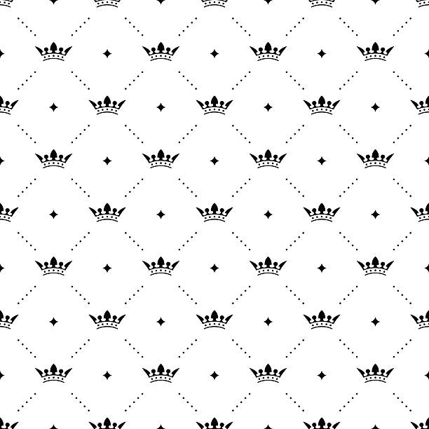 illustrazioni stock, clip art, cartoni animati e icone di tendenza di nero pattern senza soluzione di continuità vettoriale con corone con letto king size - crown nobility ornate illustration and painting