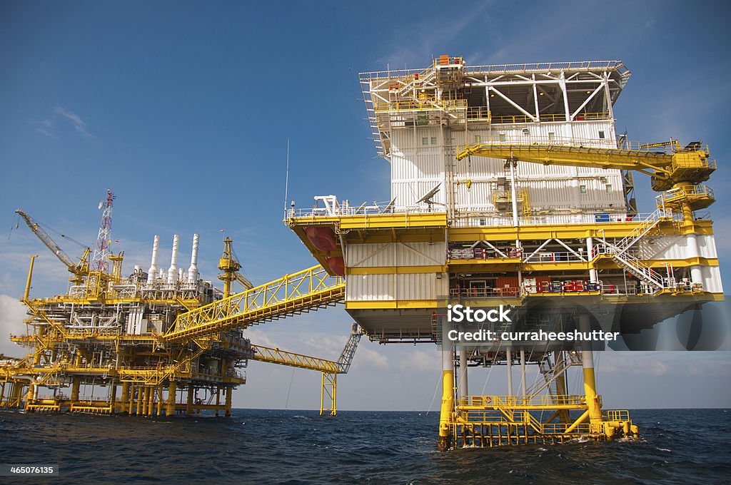 Oil and gas platform in the gulf. Oil and gas platform in the gulf or the sea, The world energy, Offshore oil and rig construction Air Pollution Stock Photo