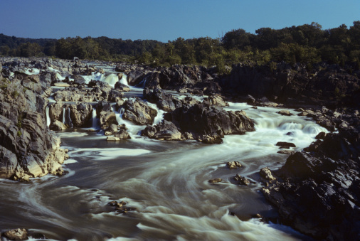 These rapids, Great Falls lie a few miles above the Memorial Bridge, D.C., on the Potomac River.