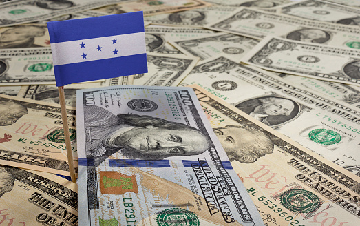 Flag of Honduras sticking in a variety of american banknotes.(series)