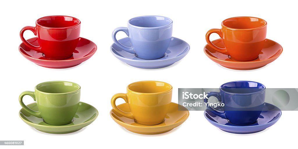 Multicolored cups isolated Set of six multicolored cups isolated on white Coffee Cup Stock Photo