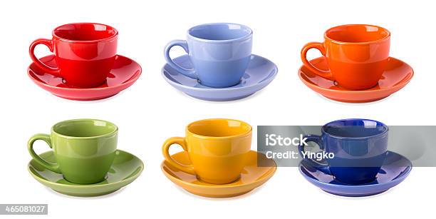 Multicolored Cups Isolated Stock Photo - Download Image Now - Coffee Cup, Multi Colored, Blue