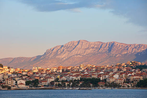 Bay of Vela Luka on Korcula island aerial view on early morning.
