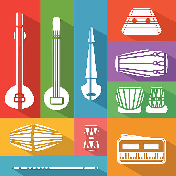 flat indian instruments - santur kanun stock illustrations
