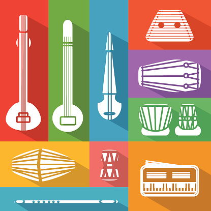 vector flat set of isolated traditional indian instruments