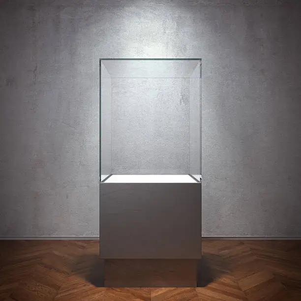 Empty glass showcase for exhibit. 3d rendering