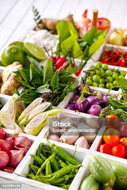 Thai Food Herbs And Spice Ingredients In A Wooden Tray Stock Photo - Download Image Now