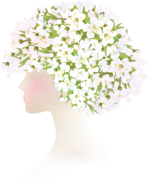 ilustrações, clipart, desenhos animados e ícones de vetor mulher bonita com flores da primavera sobre a cabeça. - portrait adults apple tree cherry tree