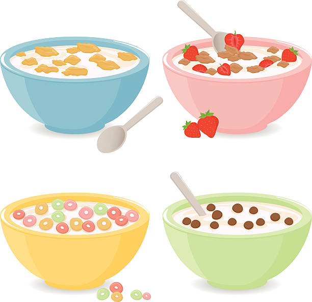 Bowls of breakfast cereal Vector illustration set of four bowls of breakfast cereal in different flavors. grain bowl stock illustrations