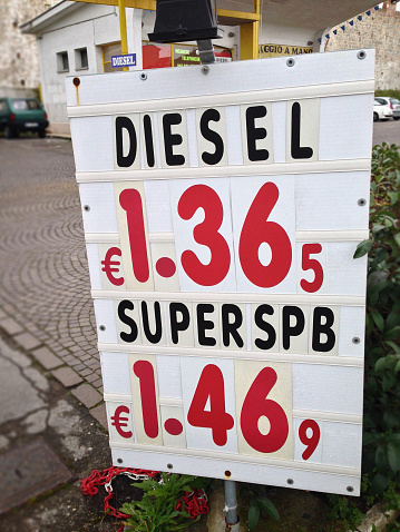 Sign with fuel prices at a petrol station in Italy (prices in EUROS); February 2015. Of the text still visible: \