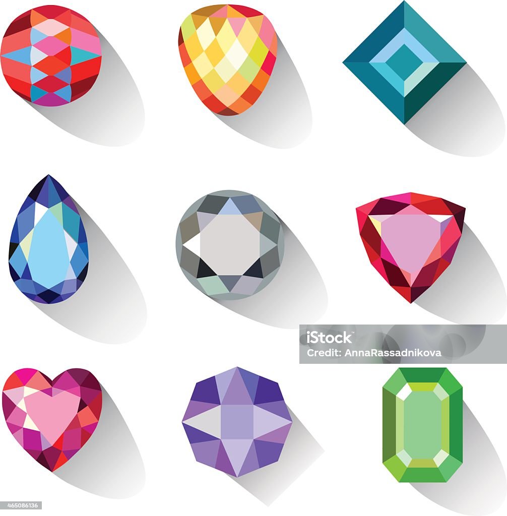 Flat style long shadow colored gems cuts icons Flat style long shadow colored gems jewelry icons isolated on white background, vector illustration Diamond - Gemstone stock vector