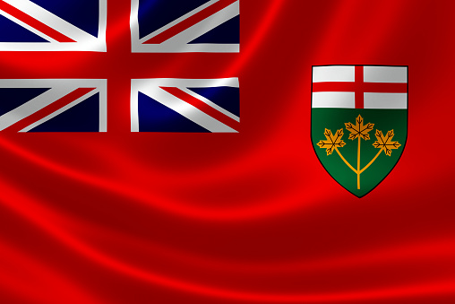 3D rendering of the Canadian provincial flag of Ontario on satin texture.