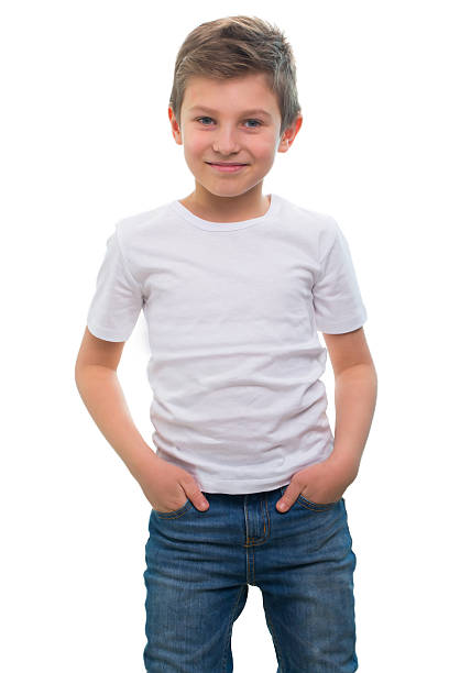 istock White T-shirt on a cute boy, isolated on white background 465091384