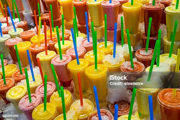 Fruit Smoothies At A Market Stock Photo - Download Image Now - 2015, Artificial Ice, Banana
