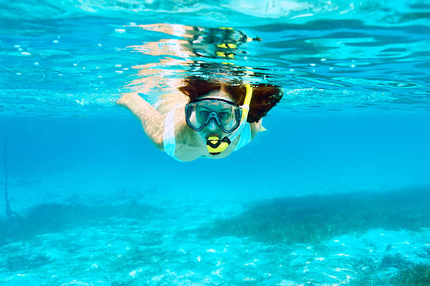 istock Woman with mask snorkeling 465091646