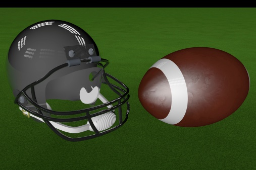 Football and helmet over green grass, 3d render