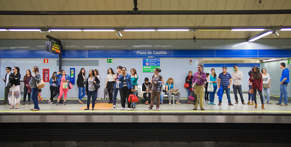 Madrid, Spain - May 28, 2014: Madrid tube, underground station and people waiting arriving train