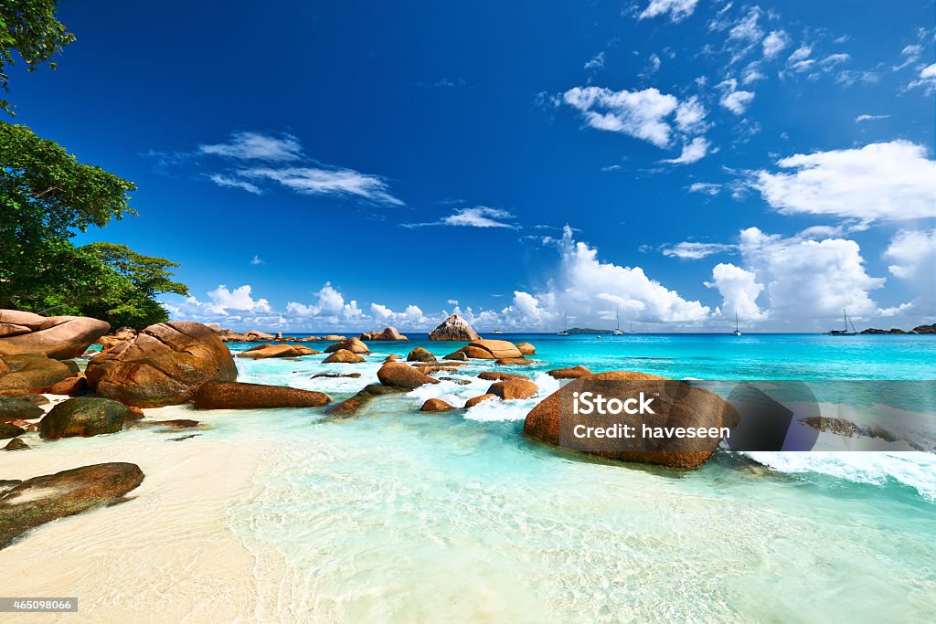 Beautiful beach at Seychelles Beautiful beach at Seychelles, Praslin, Anse Lazio 2015 Stock Photo