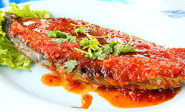 istock Fried King mackerel with red chili sauce 465099804