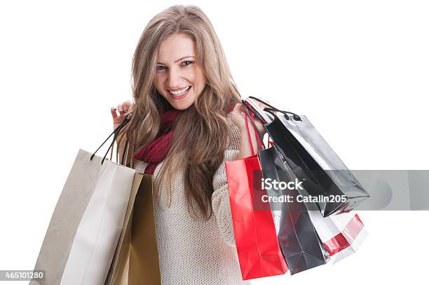 Beautiful And Happy Shopping Girl Stock Photo - Download Image Now - 2015, Adult, Adults Only