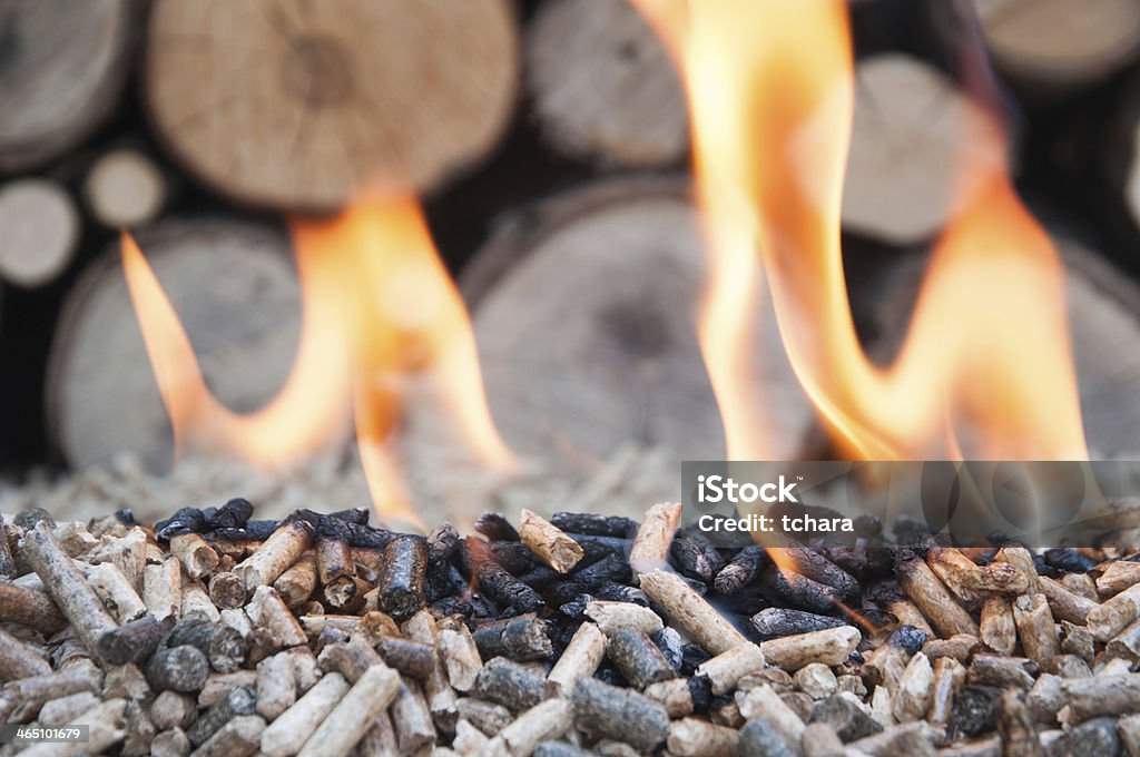 Biomass burning in front of firewood Pine and sunflower pellets in flames- stock image Pellet Fuel Stock Photo