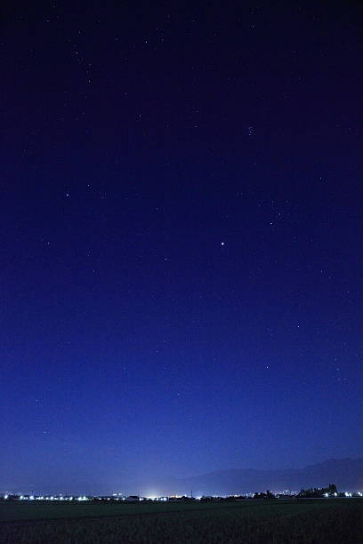 Starry night sky above illuminated citywide