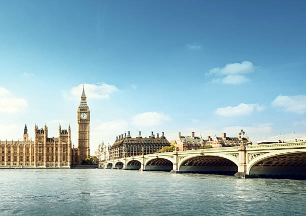 Sun shining on Big Ben on the River Thames in London stock photo