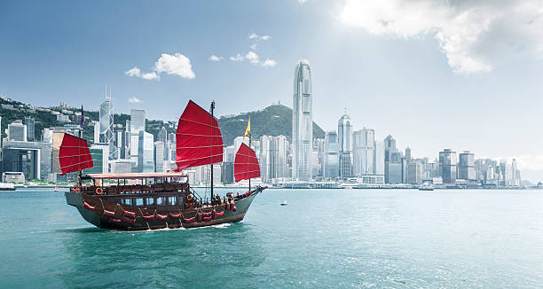 istock Red Chinese ship on the Hong Kong harbor 465112392