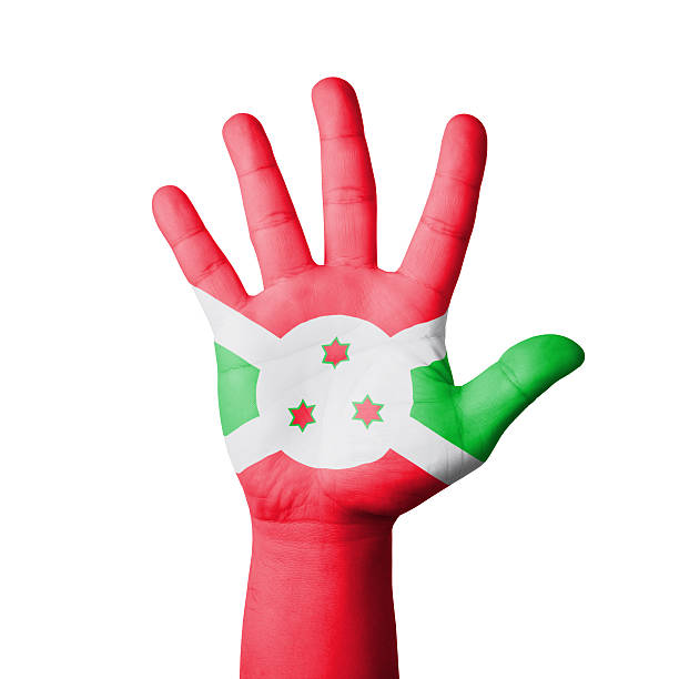 Open hand raised, Burundi flag painted
