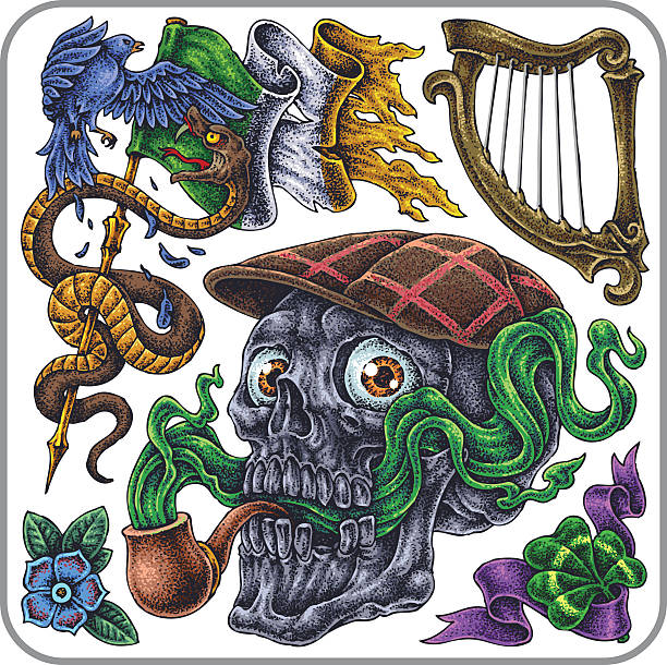 Hand-drawn vector tattoo set, symbolic collection. Hand-drawn set of Old skull's Irish theme tattoos. shamrock tattoo stock illustrations