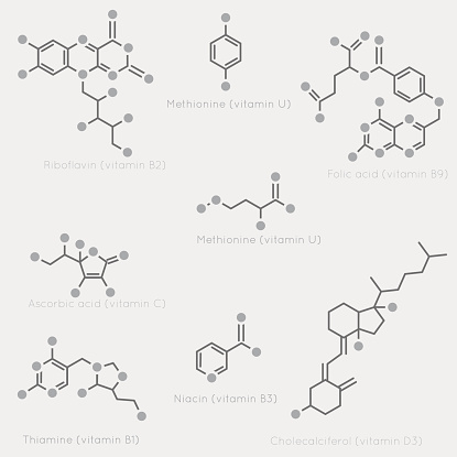 Skeletal formulas of some vitamins. Schematic image of chemical organic molecules, nutrients.