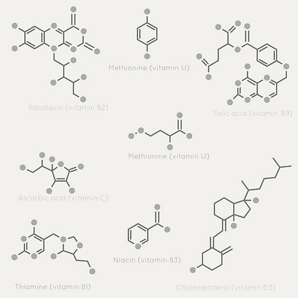 Skeletal formulas of vitamins Skeletal formulas of some vitamins. Schematic image of chemical organic molecules, nutrients. formula stock illustrations