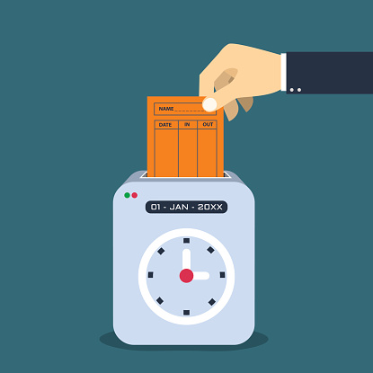 Hand putting  paper card in time recorder machine.  Flat style vector for time stamping  concept....