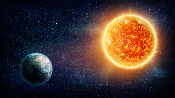 Graphic illustration of the Earth and the sun Planet Earth, sun and stars (Nasa imagery) sun stock pictures, royalty-free photos & images