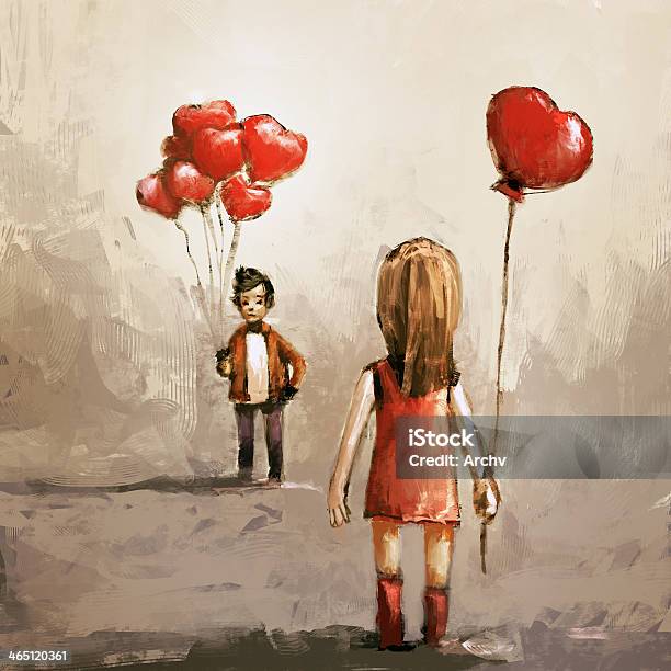 A Painting Of A Man And Woman Holding Love Balloons Stock Illustration - Download Image Now