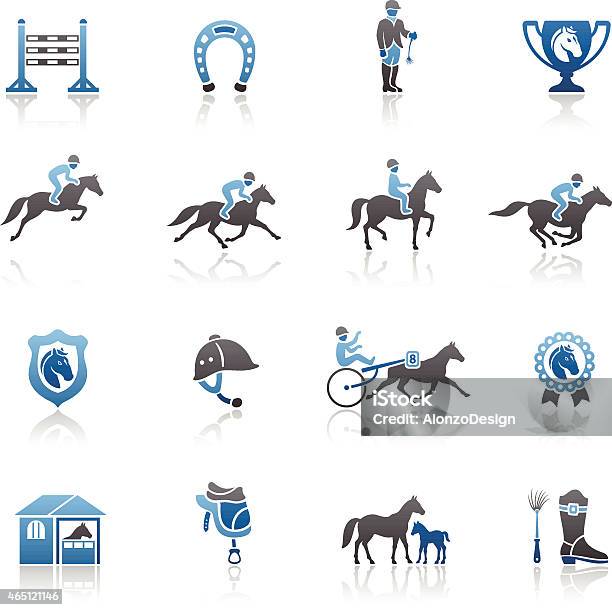 Set Of Blue And Gray Horse Racing Icons On White Background Stock Illustration - Download Image Now