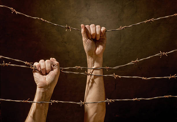 istock hands hanging on the barbed wire 465121452