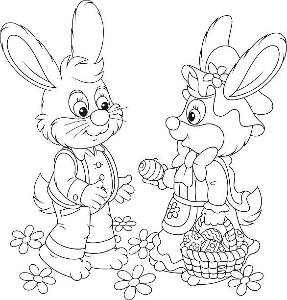 Easter Bunnies Little rabbits with a basket of Easter eggs hare and leveret stock illustrations