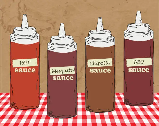 Vector illustration of BBQ themed squeeze bottles hand drawn