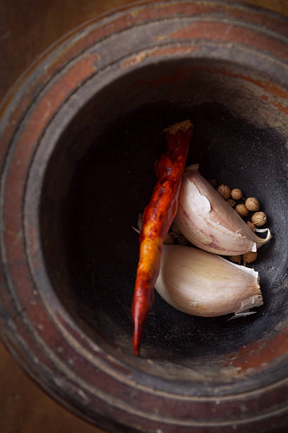 aglio e peperoncino in legno mortar. - mortar and pestle herb coriander seed cilantro foto e immagini stock