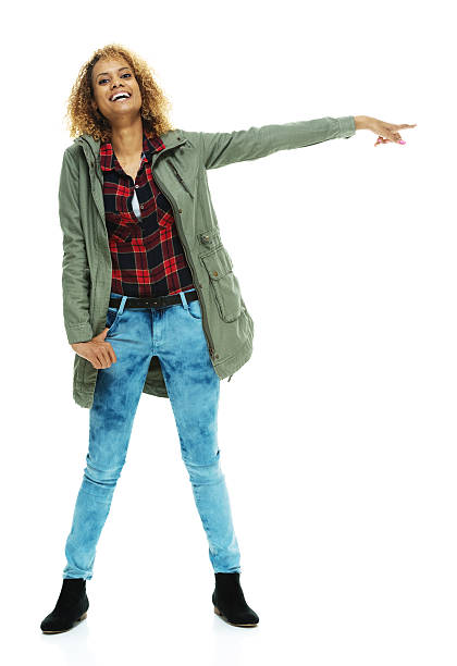 istock Cheerful woman pointing away 465126886